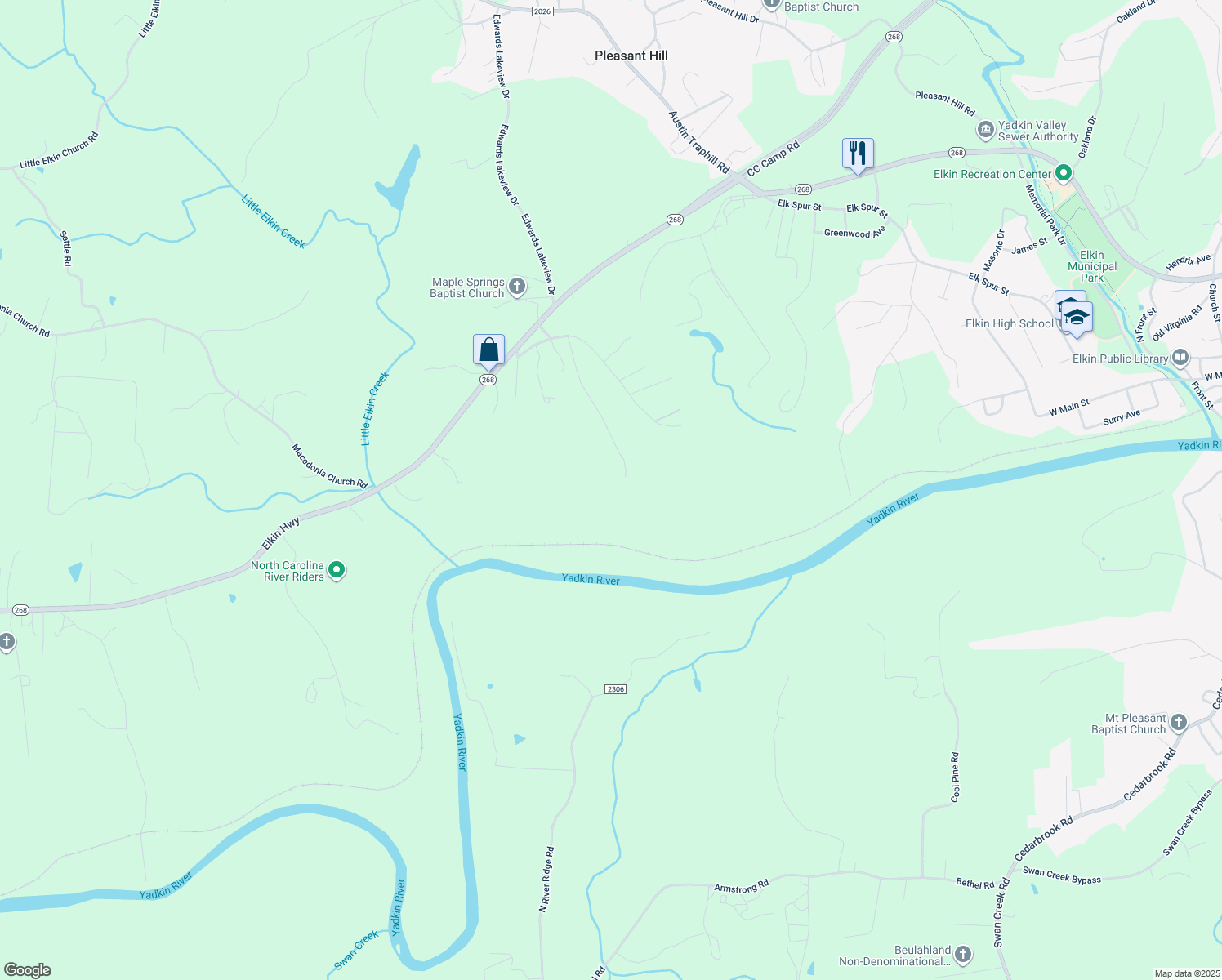 map of restaurants, bars, coffee shops, grocery stores, and more near J A Russell Drive in Wilkes County