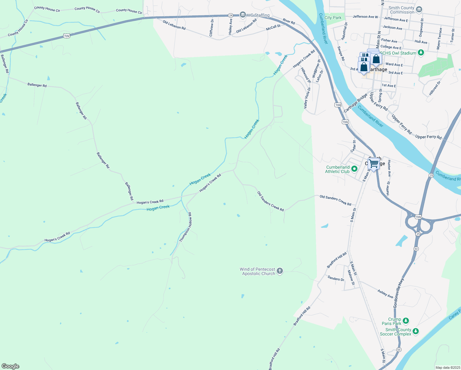 map of restaurants, bars, coffee shops, grocery stores, and more near 127 Hogan's Creek Road in Carthage