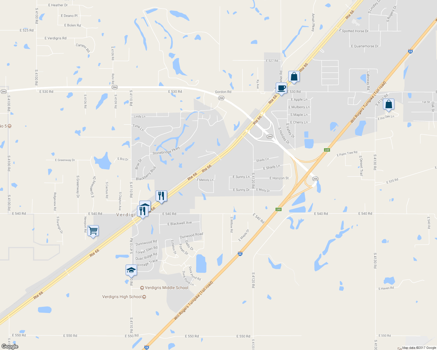 map of restaurants, bars, coffee shops, grocery stores, and more near 8577 East Melody Lane in Claremore