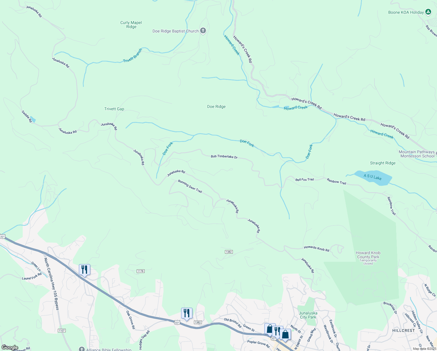 map of restaurants, bars, coffee shops, grocery stores, and more near 598 Adirondack Drive in Boone