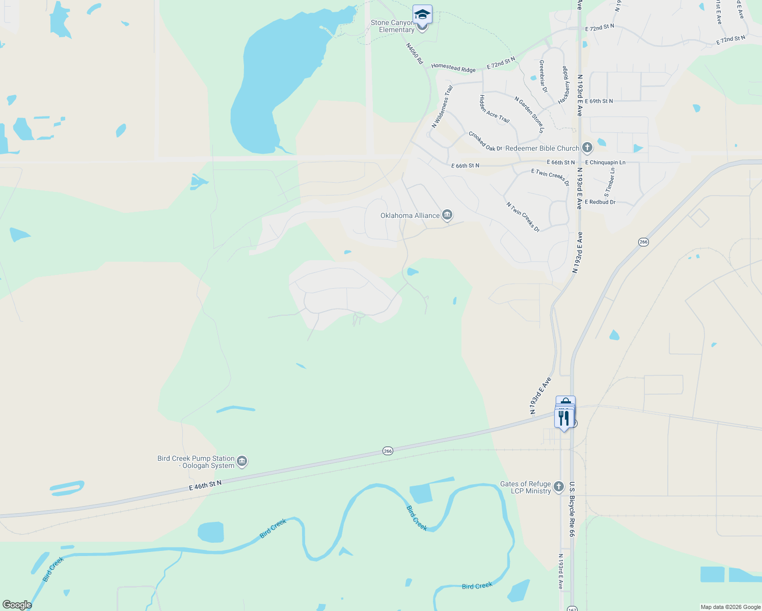 map of restaurants, bars, coffee shops, grocery stores, and more near 18203 Anthem Ridge Road in Owasso