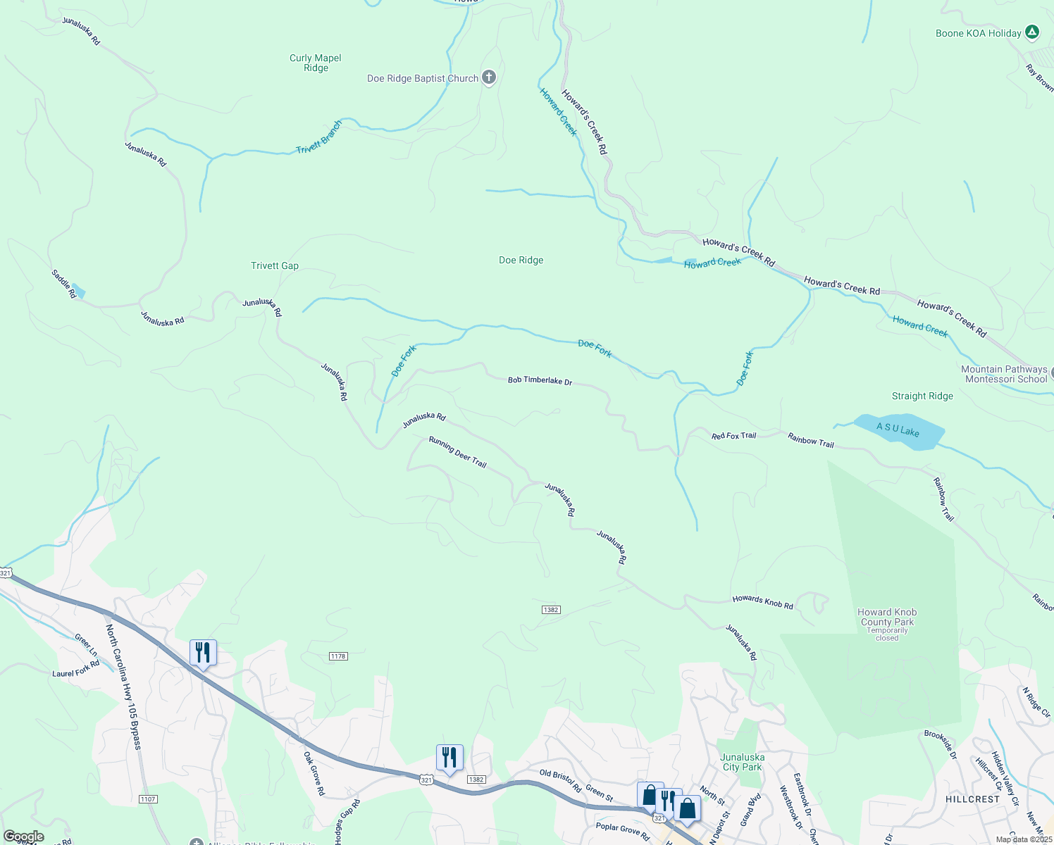map of restaurants, bars, coffee shops, grocery stores, and more near 598 Adirondack Drive in Boone