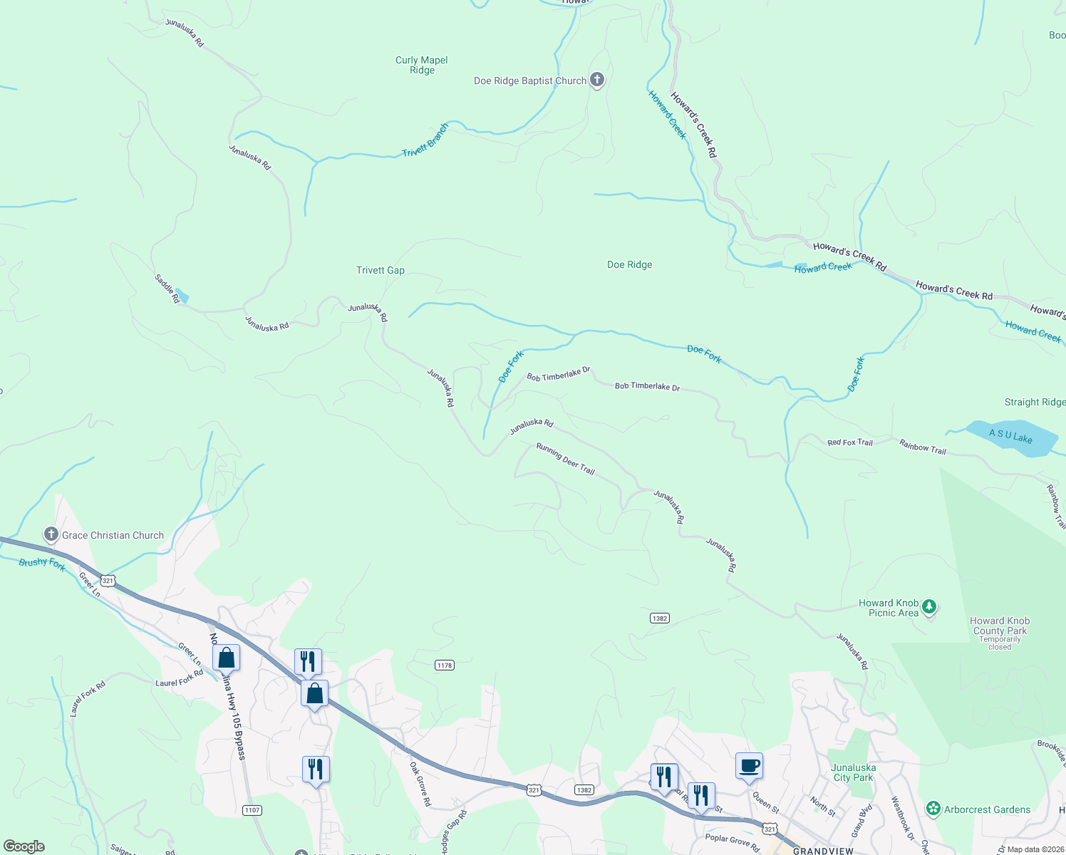map of restaurants, bars, coffee shops, grocery stores, and more near 2501 Junaluska Road in Boone