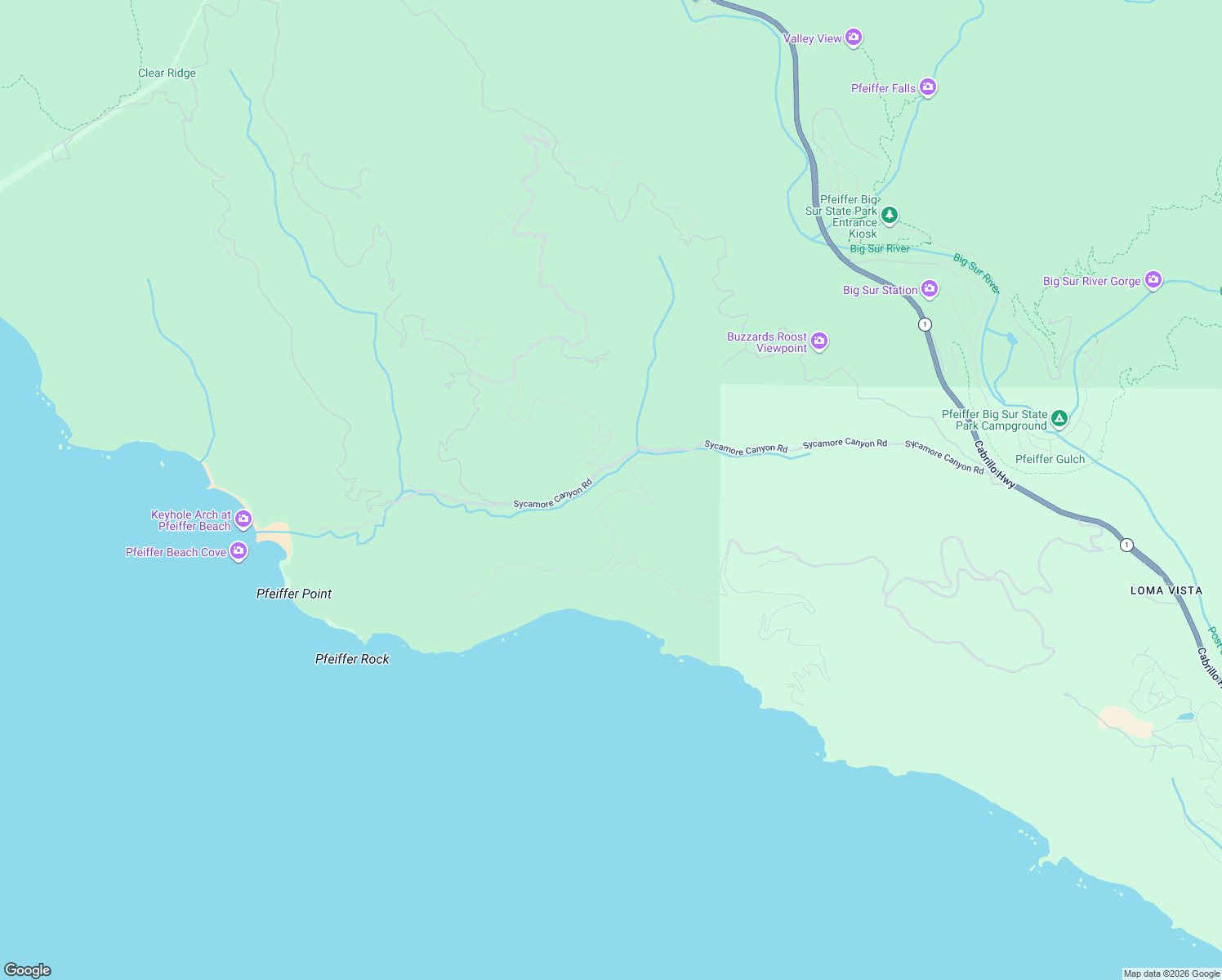 map of restaurants, bars, coffee shops, grocery stores, and more near 9615 Sycamore Canyon Road in Big Sur