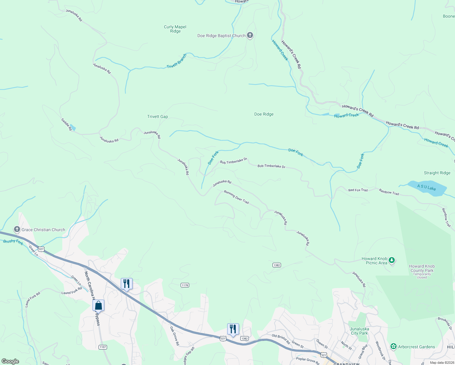 map of restaurants, bars, coffee shops, grocery stores, and more near 2501 Junaluska Road in Boone