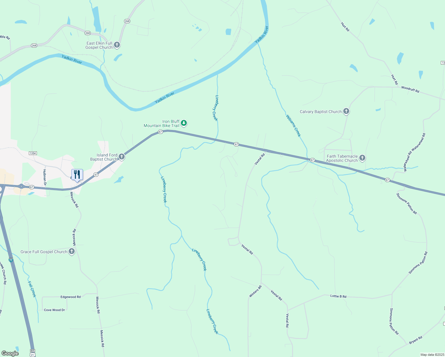 map of restaurants, bars, coffee shops, grocery stores, and more near 1033 Raccoon Run Lane in Jonesville