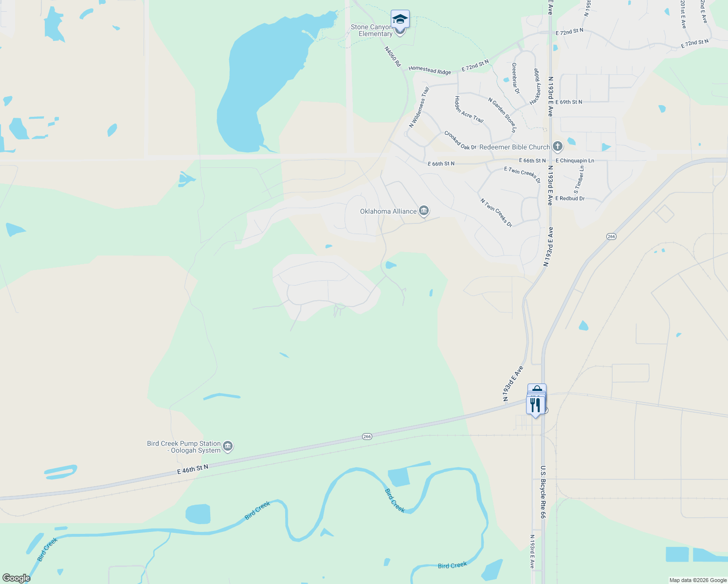 map of restaurants, bars, coffee shops, grocery stores, and more near 18203 Anthem Ridge Road in Owasso