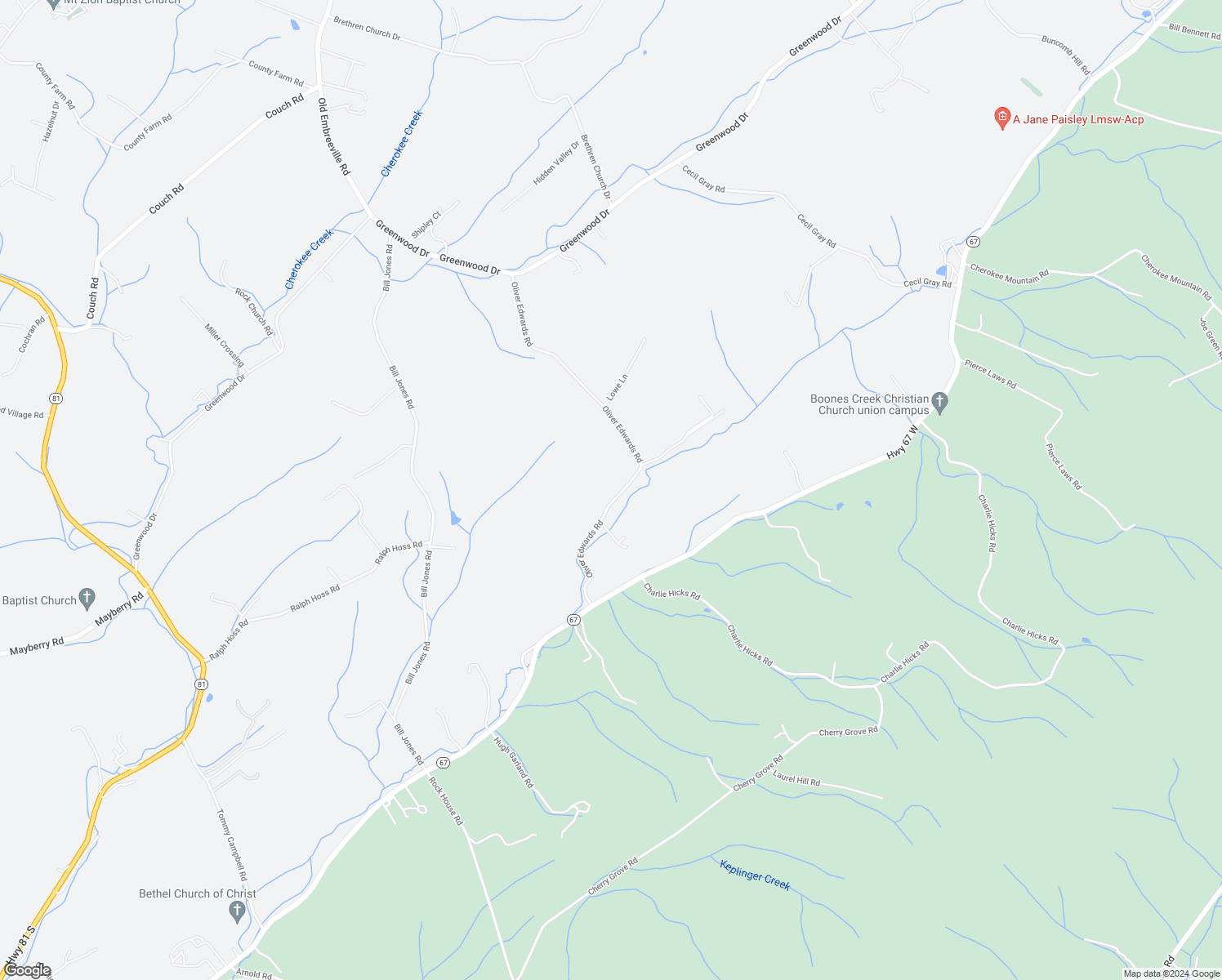 map of restaurants, bars, coffee shops, grocery stores, and more near 191 Oliver Edwards Road in Jonesborough