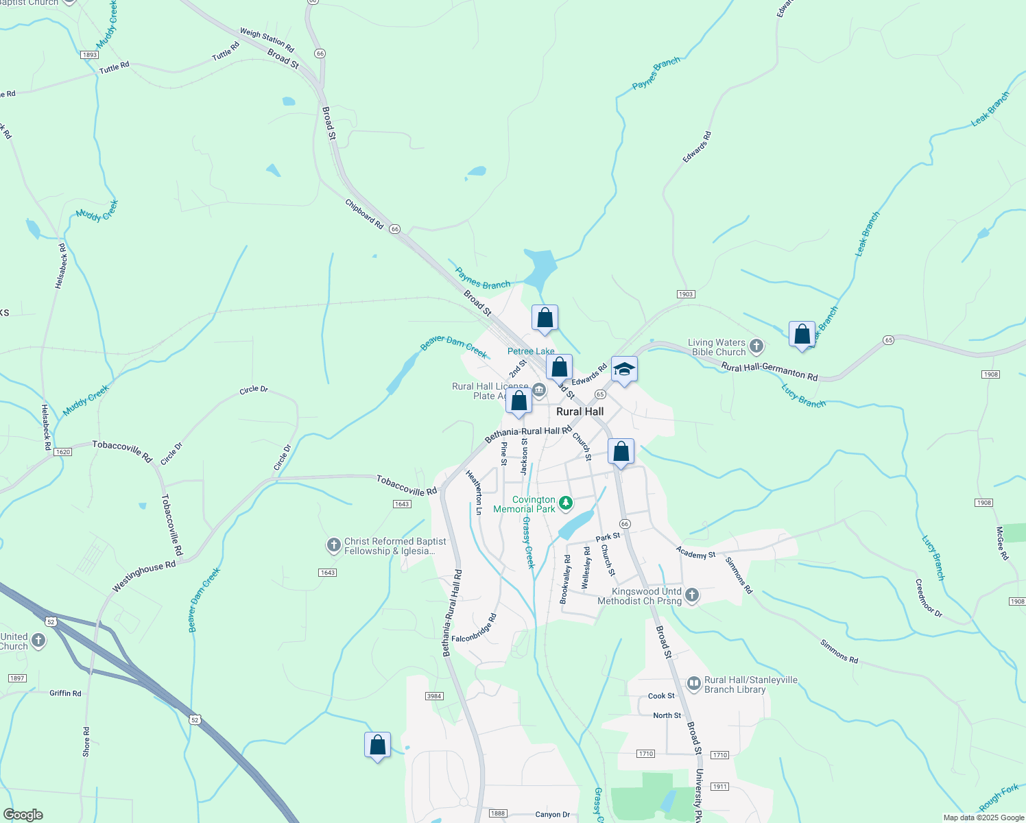 map of restaurants, bars, coffee shops, grocery stores, and more near 220 Bethania Street in Rural Hall