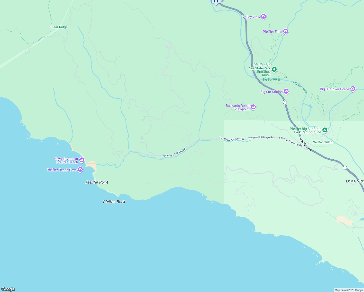 map of restaurants, bars, coffee shops, grocery stores, and more near 9615 Sycamore Canyon Road in Big Sur