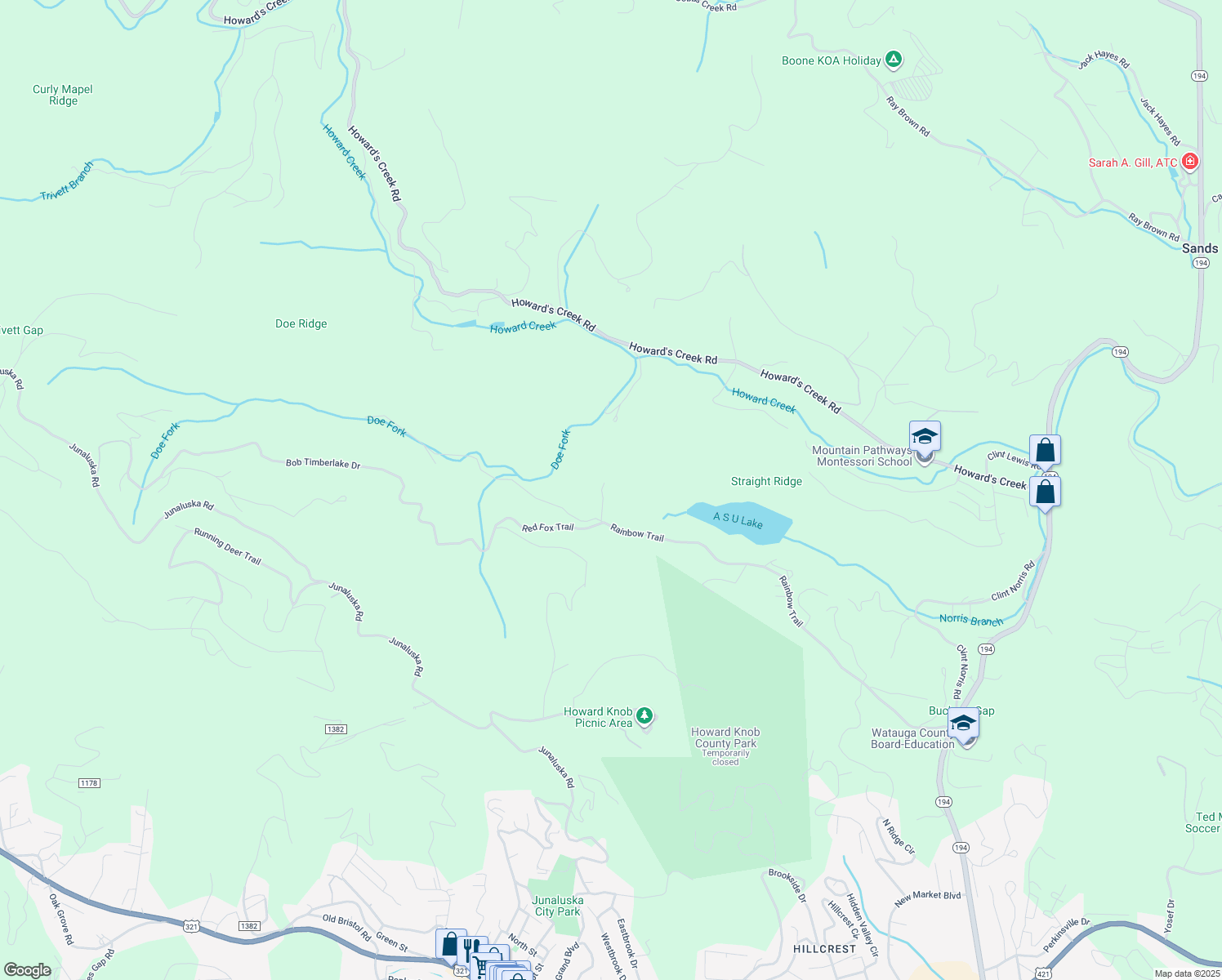 map of restaurants, bars, coffee shops, grocery stores, and more near 129 Hardy Drive in Boone