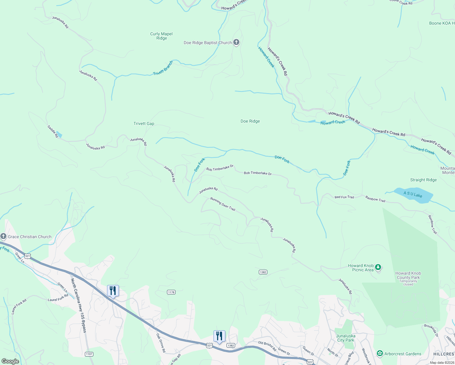 map of restaurants, bars, coffee shops, grocery stores, and more near 401 Adirondack Drive in Boone