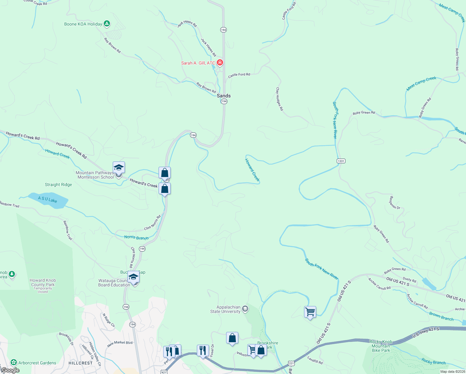 map of restaurants, bars, coffee shops, grocery stores, and more near 517-727 Grouse Covert Road in Boone
