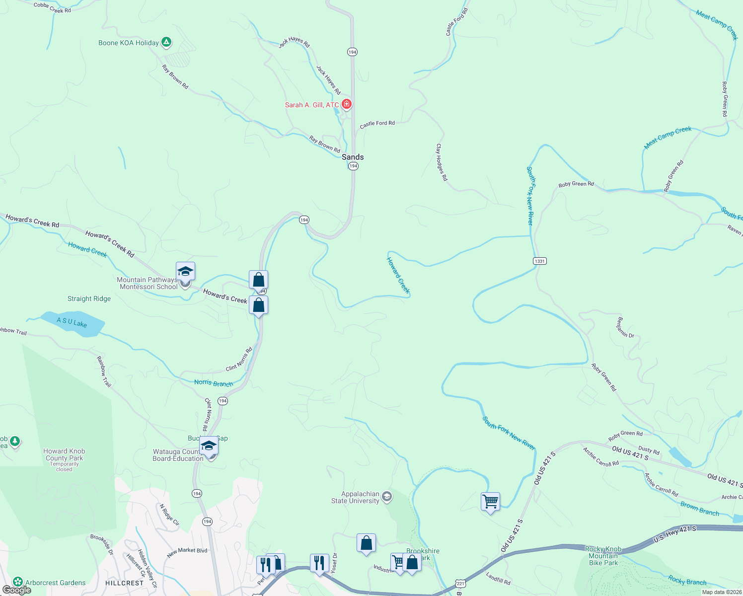 map of restaurants, bars, coffee shops, grocery stores, and more near 517 Grouse Covert Road in Boone