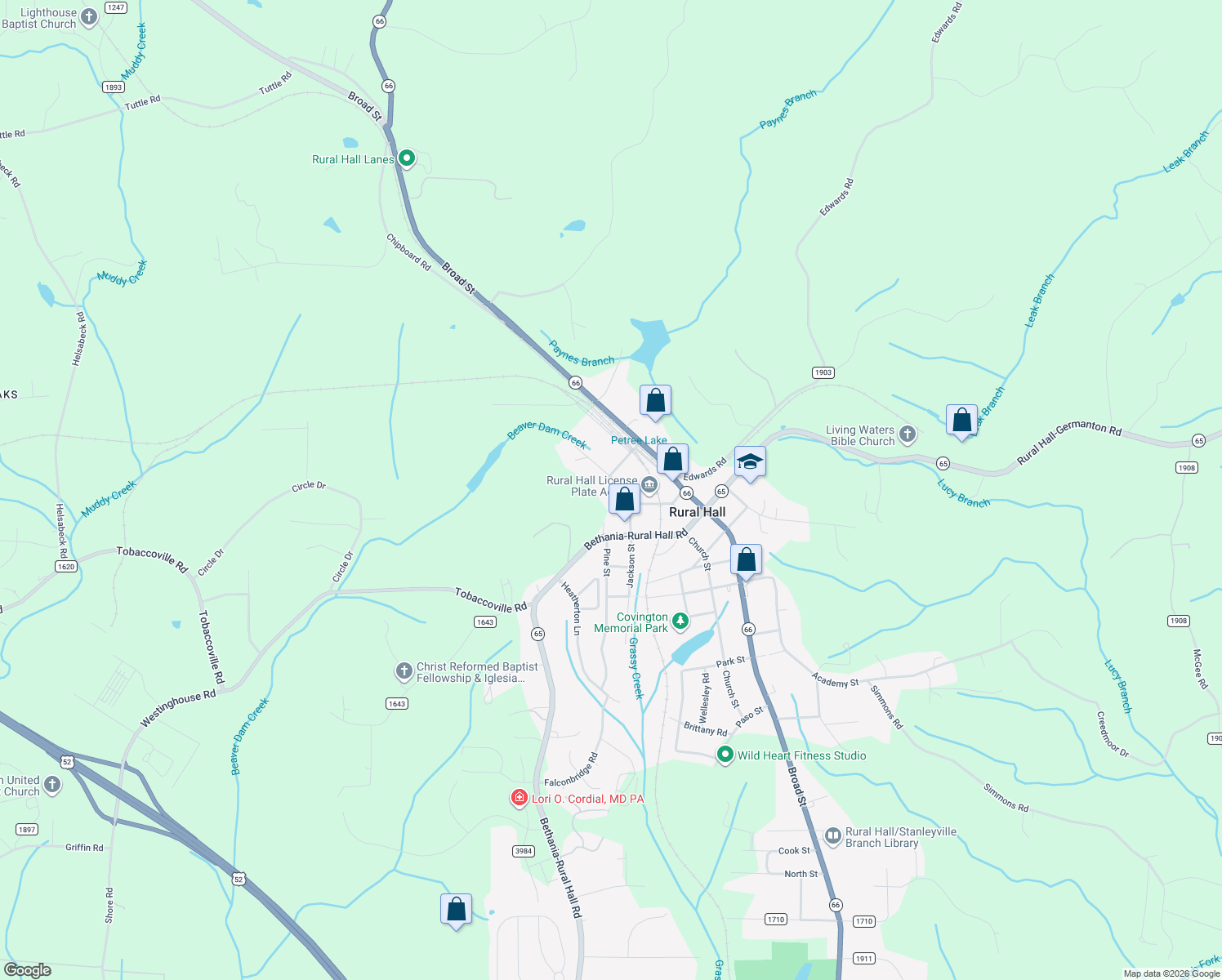 map of restaurants, bars, coffee shops, grocery stores, and more near 7960 Glade Street in Rural Hall