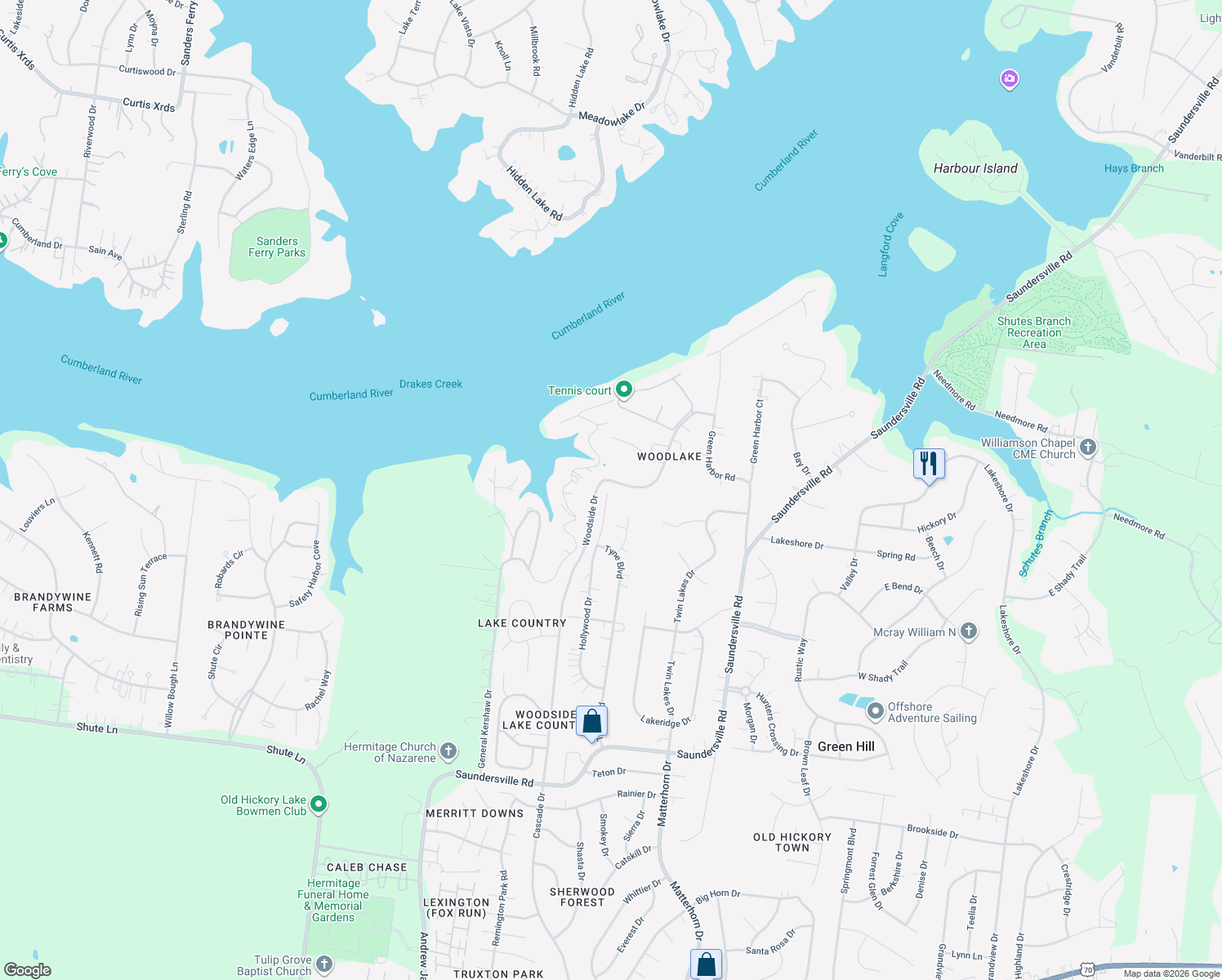 map of restaurants, bars, coffee shops, grocery stores, and more near 416 Hollywood Drive in Green Hill