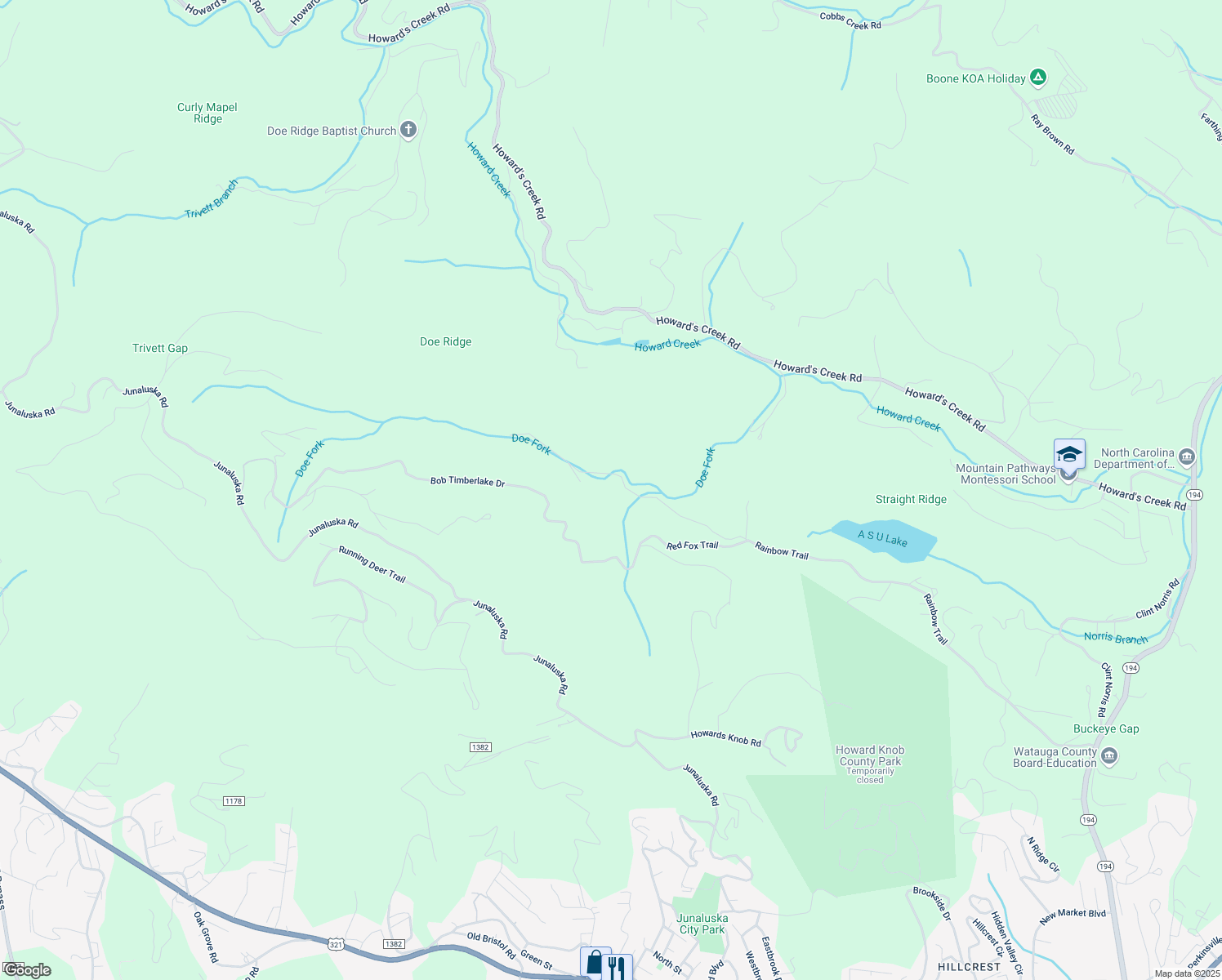 map of restaurants, bars, coffee shops, grocery stores, and more near 1857 Rainbow Trail in Boone
