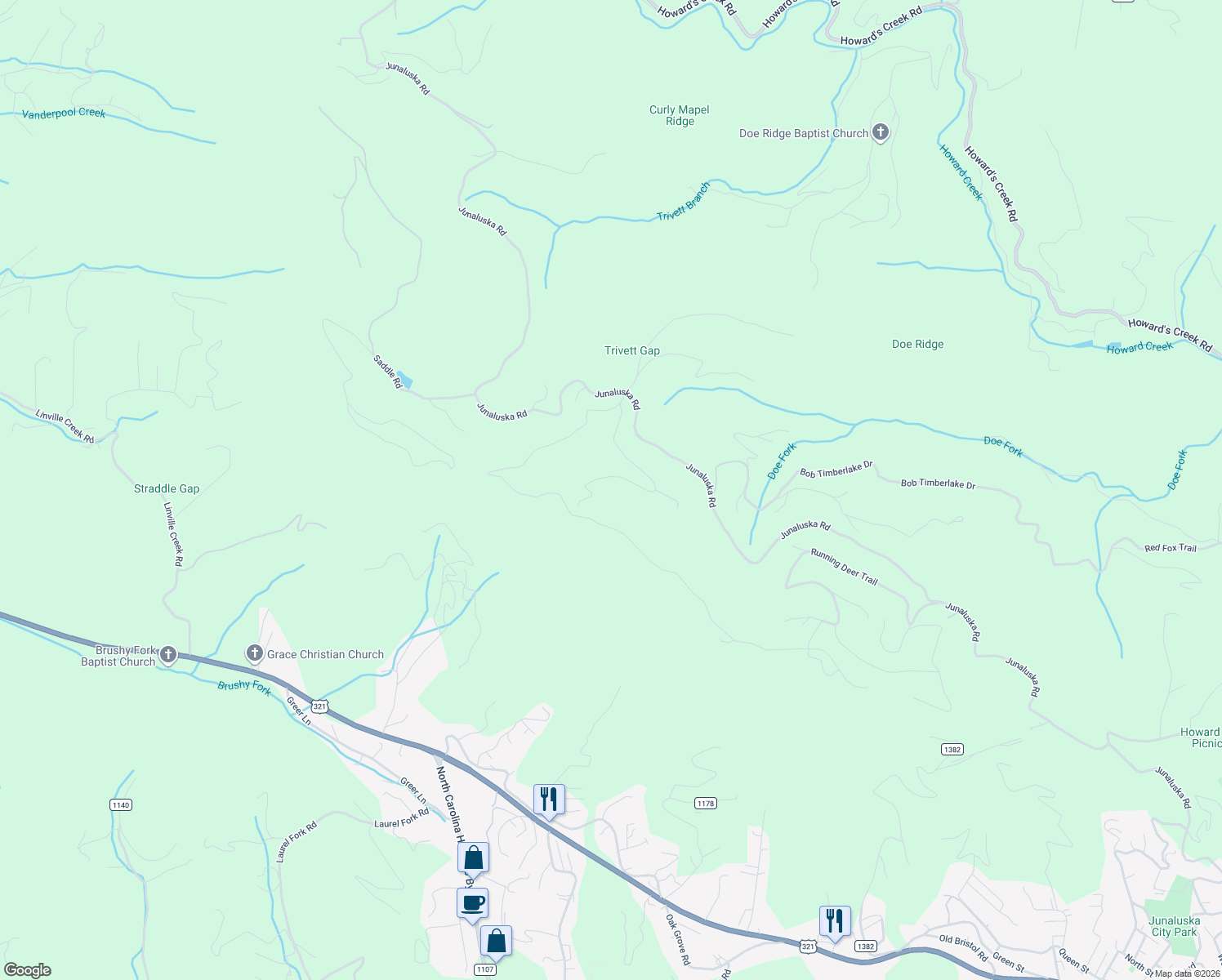 map of restaurants, bars, coffee shops, grocery stores, and more near 507 Boone Ridge Lane in Boone