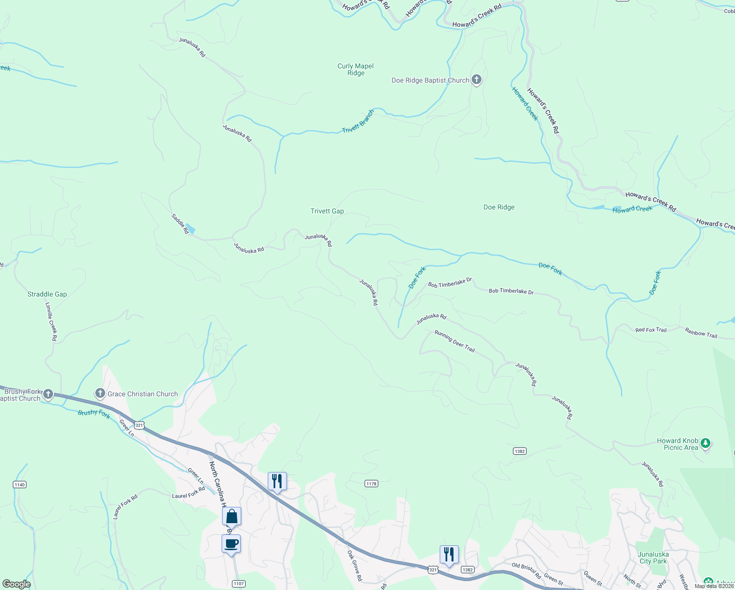 map of restaurants, bars, coffee shops, grocery stores, and more near 3043 Junaluska Road in Boone