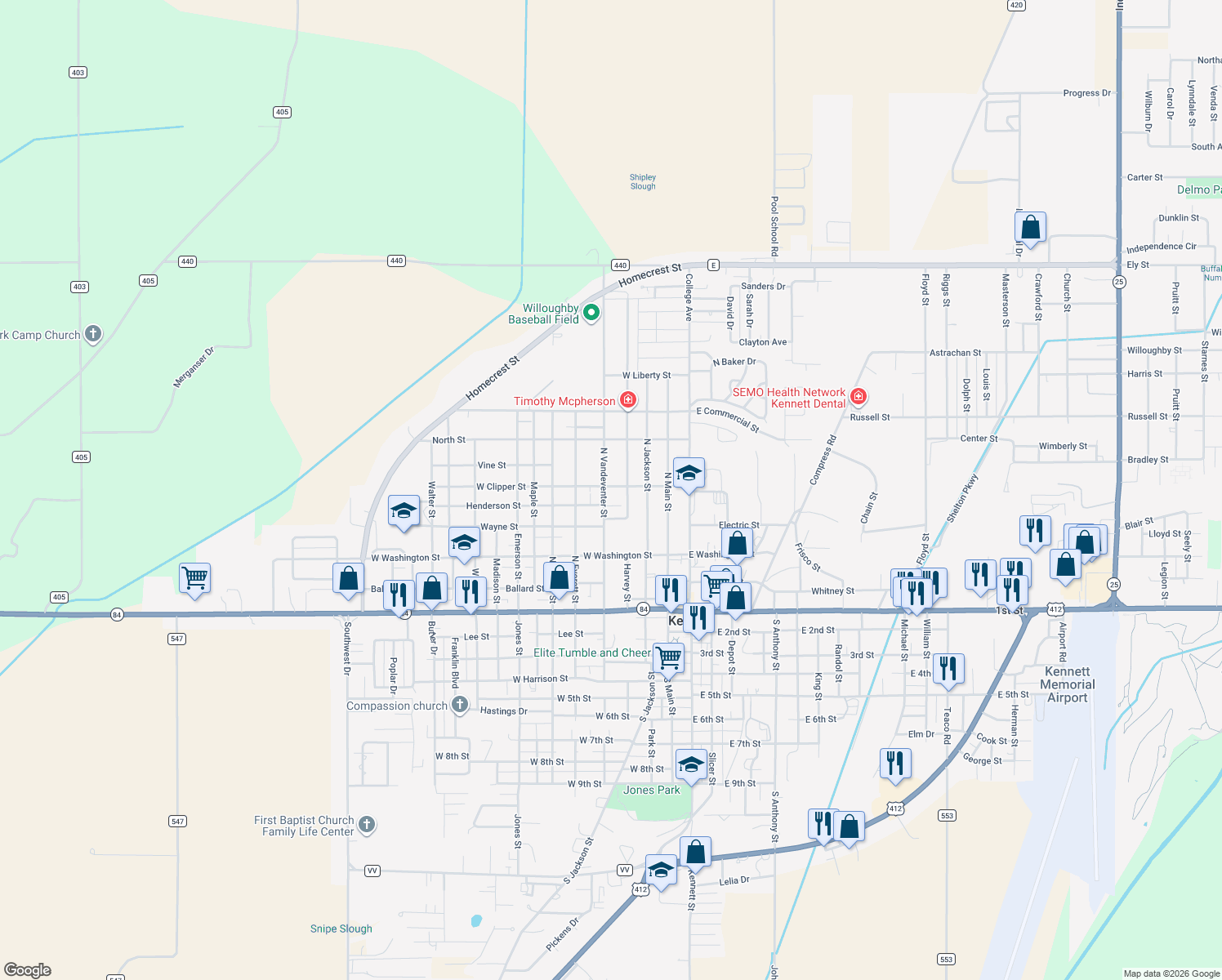map of restaurants, bars, coffee shops, grocery stores, and more near 504 N Vandeventer St in Kennett