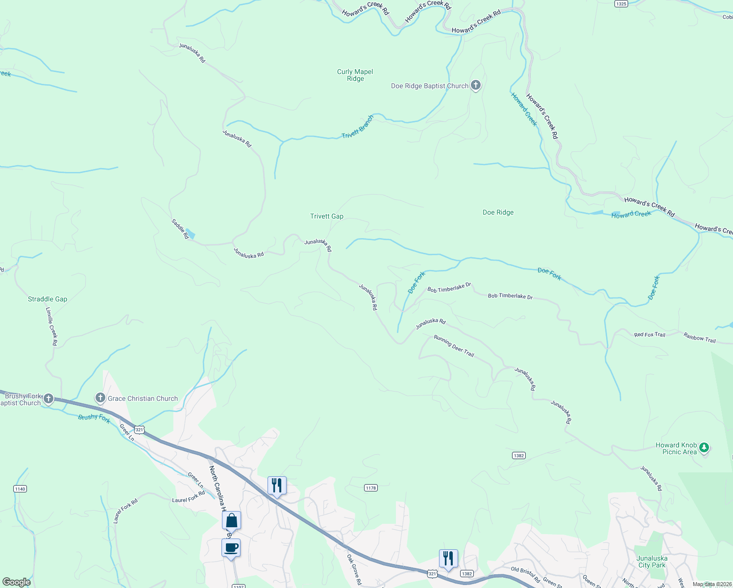 map of restaurants, bars, coffee shops, grocery stores, and more near 3043 Junaluska Road in Boone