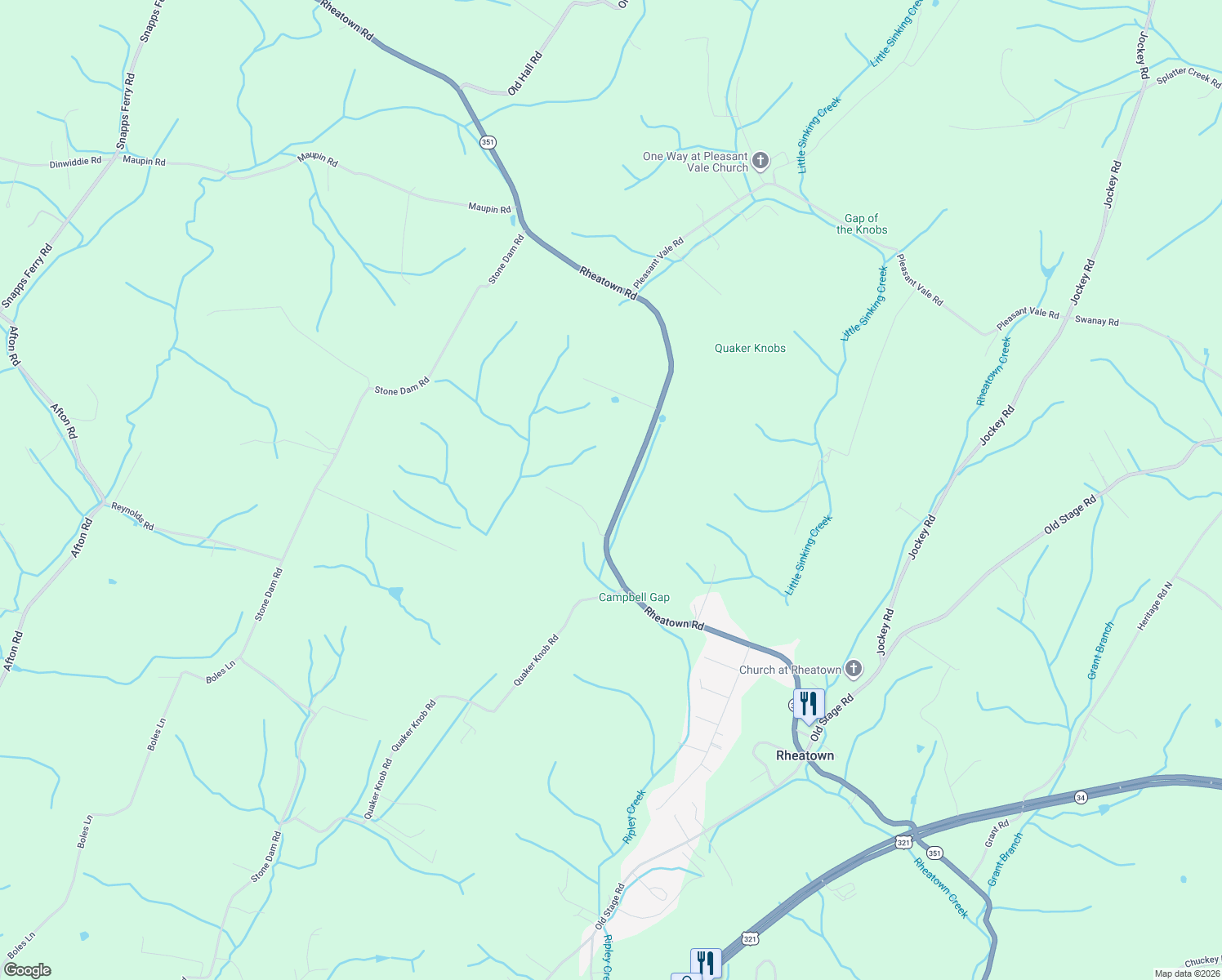 map of restaurants, bars, coffee shops, grocery stores, and more near 1545 Rheatown Road in Chuckey