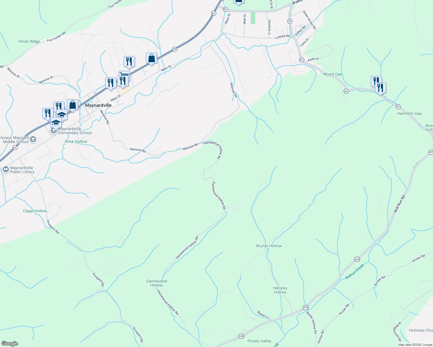 map of restaurants, bars, coffee shops, grocery stores, and more near 700 Damewood Hollow Road in Luttrell