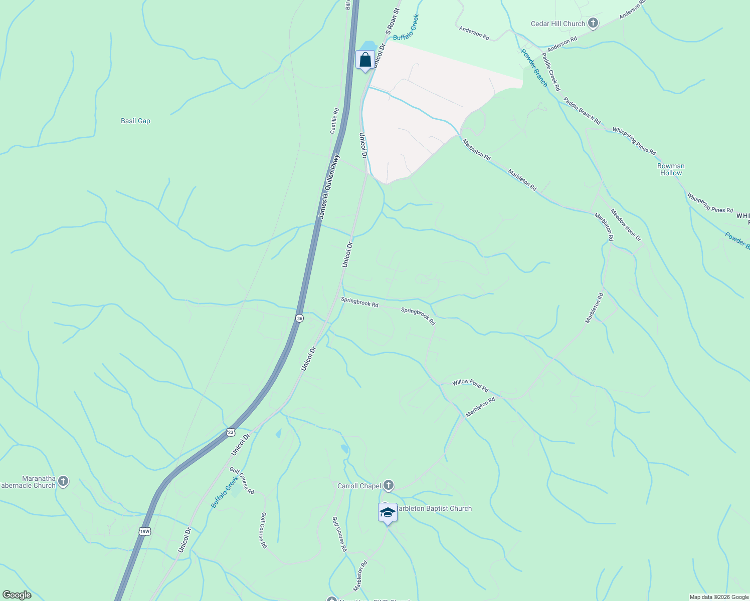 map of restaurants, bars, coffee shops, grocery stores, and more near 107 Shannondale Drive in Unicoi