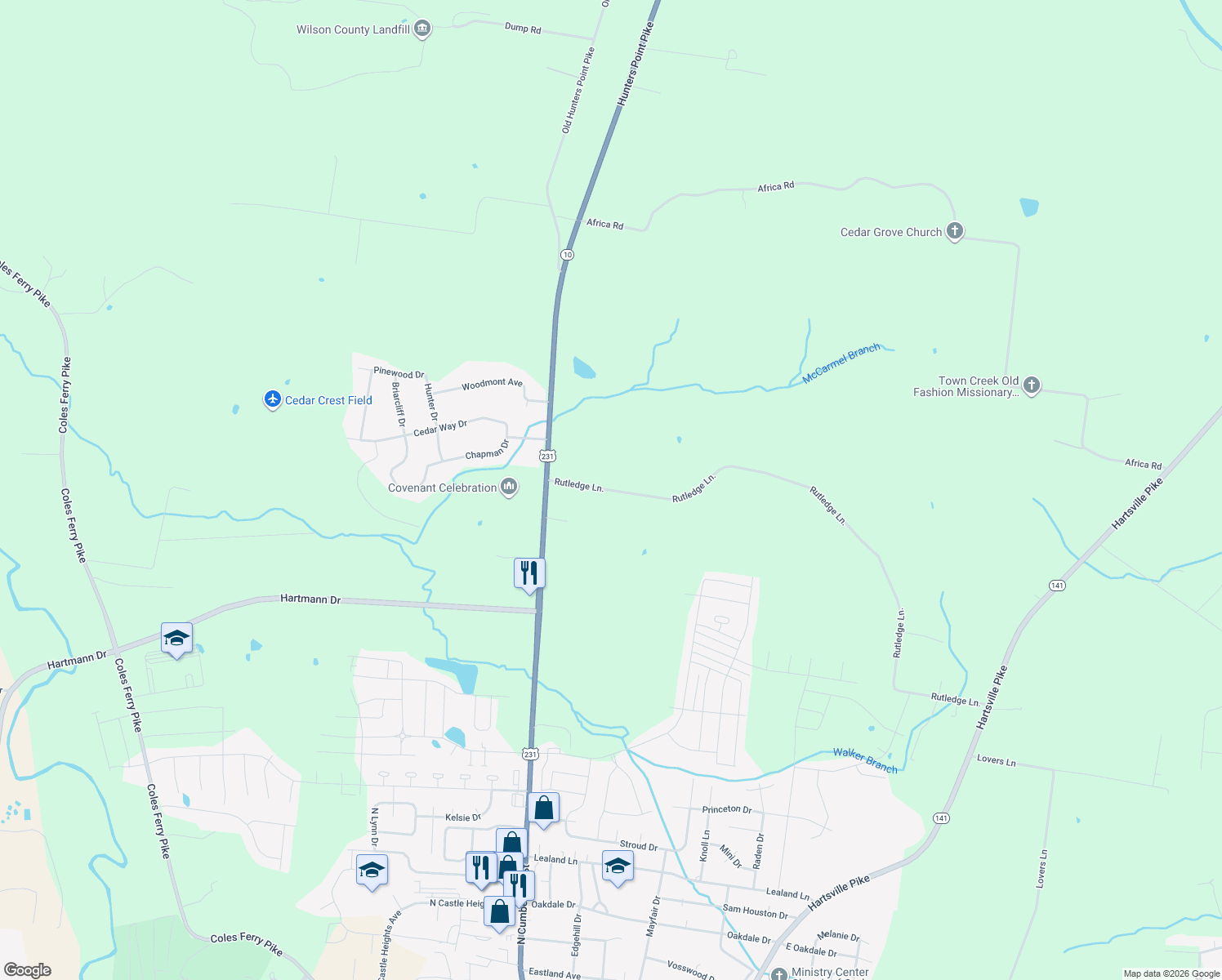map of restaurants, bars, coffee shops, grocery stores, and more near 183 Rutledge Lane in Lebanon