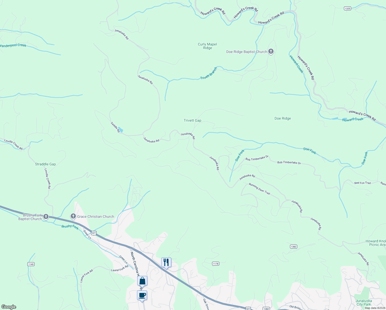 map of restaurants, bars, coffee shops, grocery stores, and more near 175-399 Boone Ridge Lane in Boone