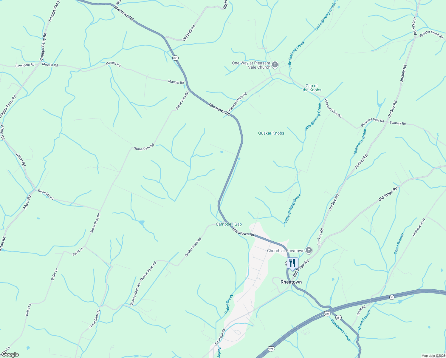map of restaurants, bars, coffee shops, grocery stores, and more near 1545 Rheatown Road in Chuckey