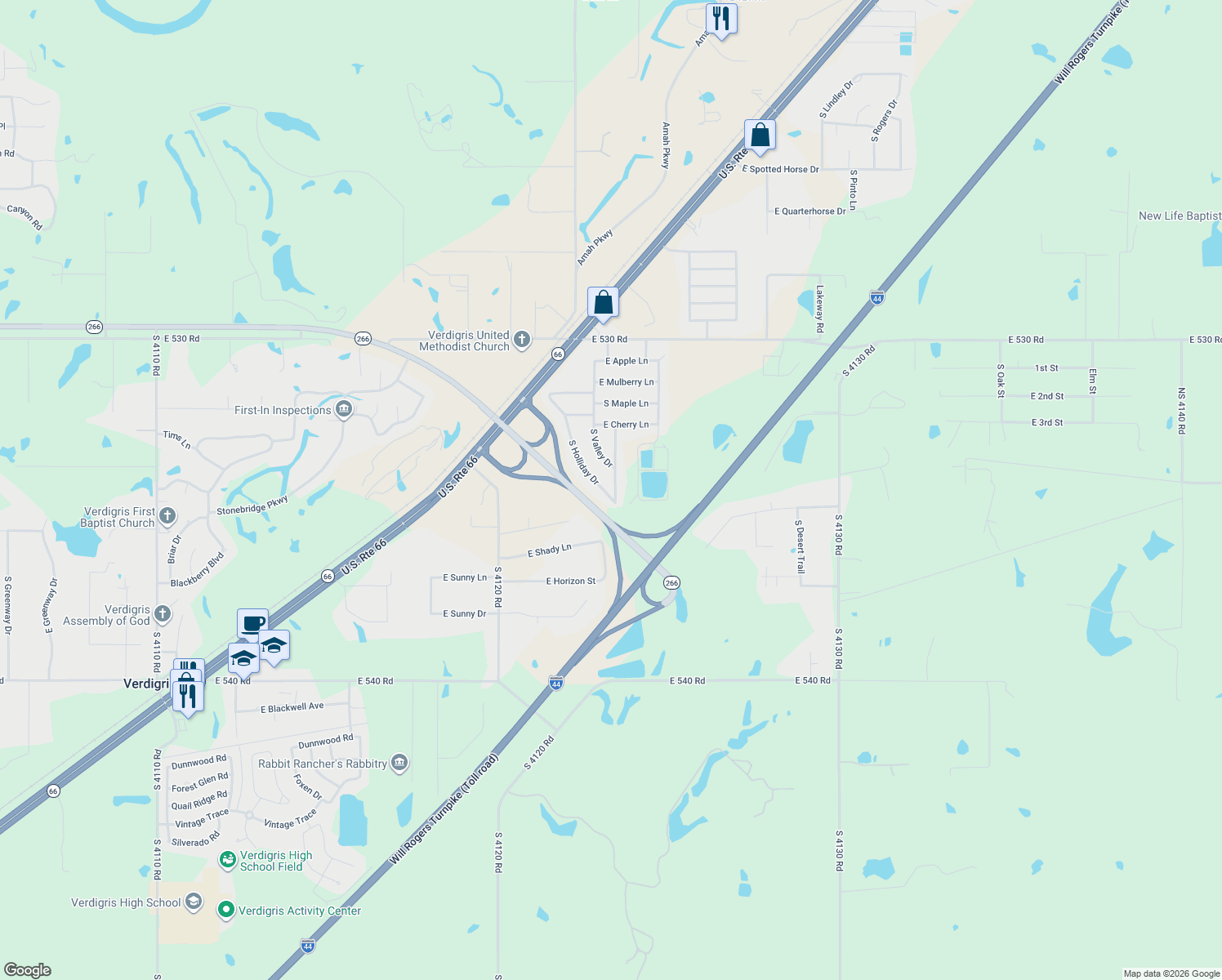 map of restaurants, bars, coffee shops, grocery stores, and more near 25444 South Concord Drive in Claremore