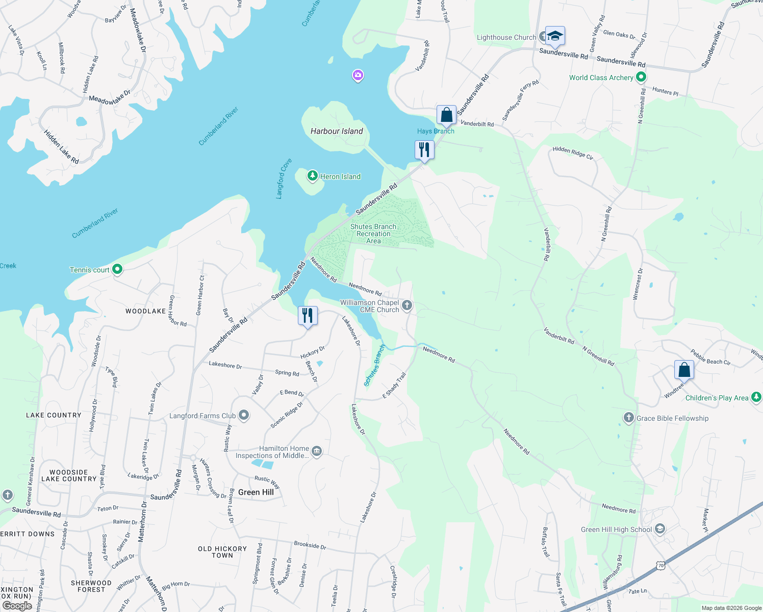 map of restaurants, bars, coffee shops, grocery stores, and more near 1785 Needmore Road in Green Hill