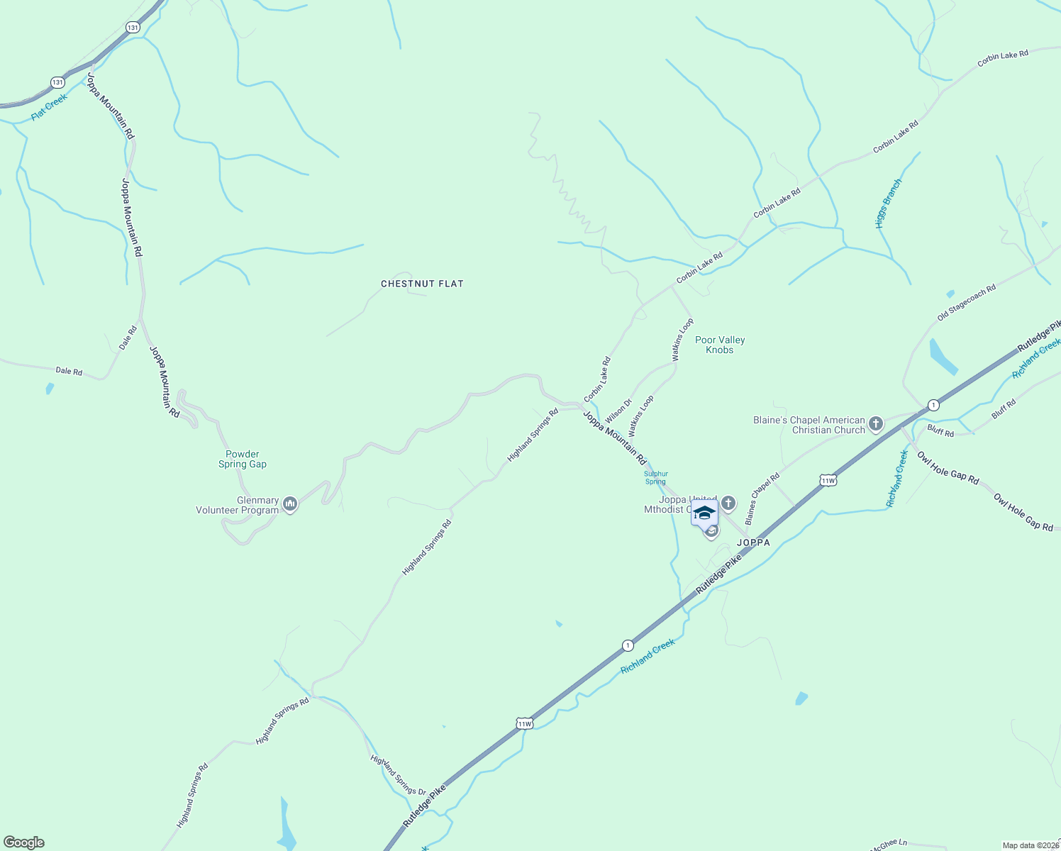 map of restaurants, bars, coffee shops, grocery stores, and more near 242 Highland Springs Road in Rutledge