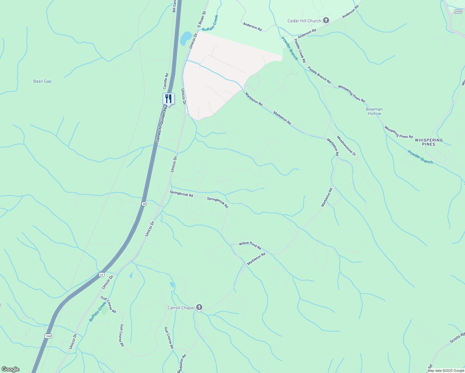 map of restaurants, bars, coffee shops, grocery stores, and more near 119 Ridgewood Road in Unicoi