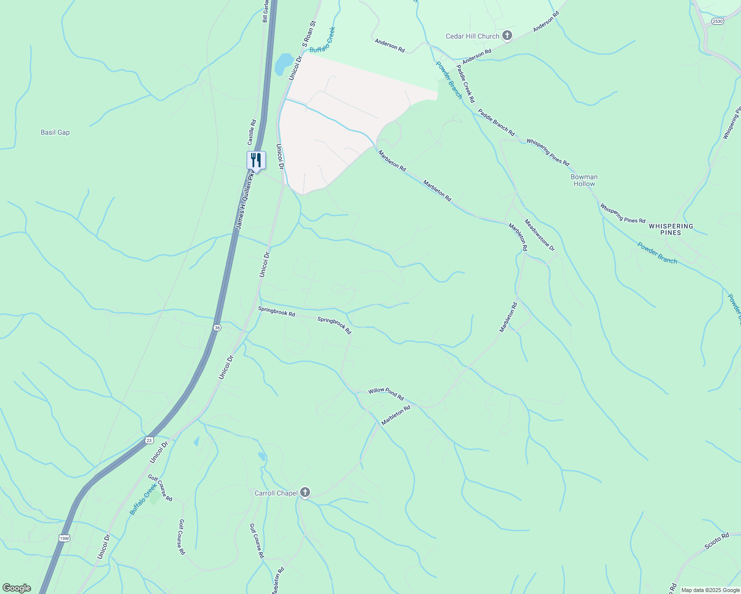 map of restaurants, bars, coffee shops, grocery stores, and more near 119 Ridgewood Road in Unicoi