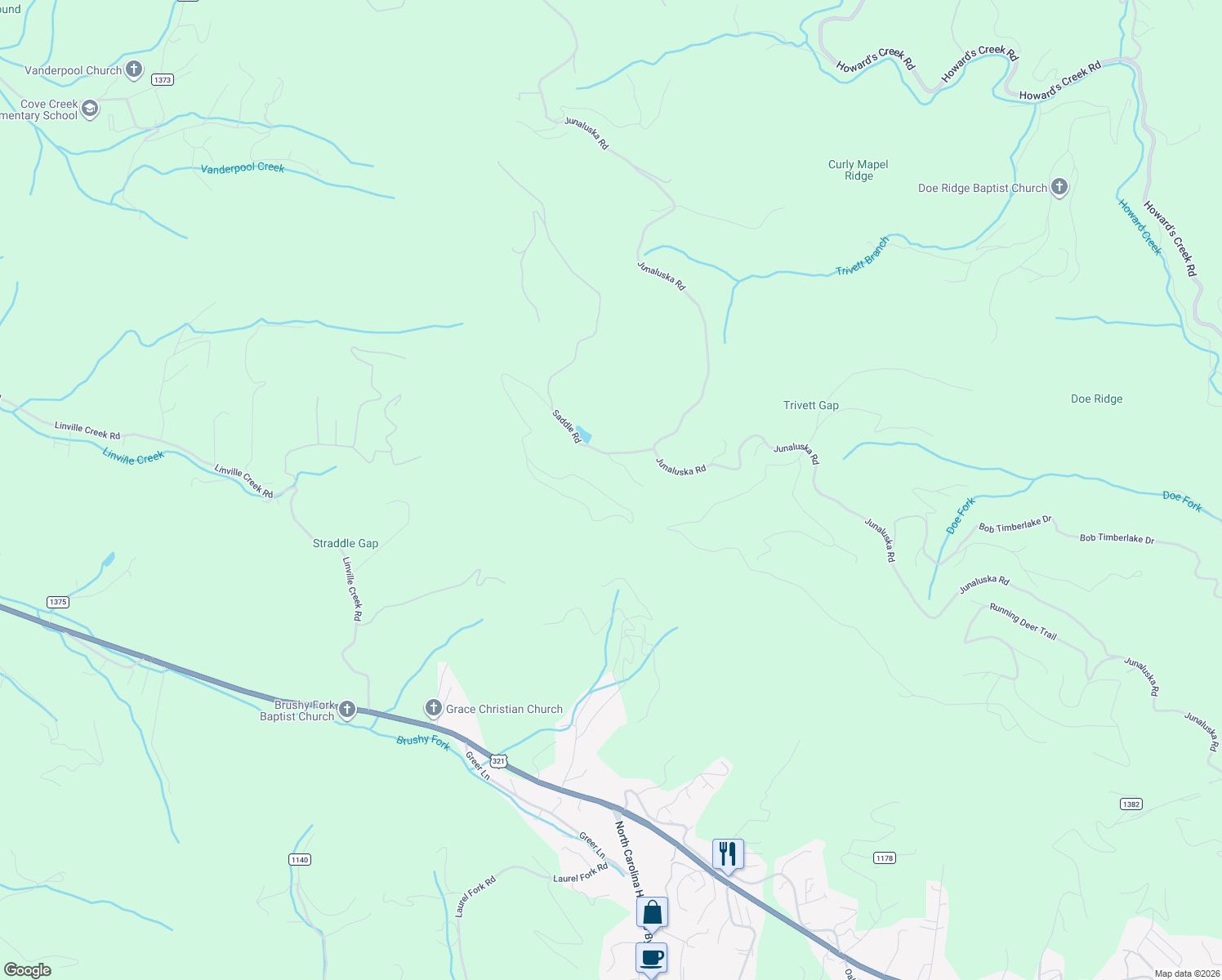 map of restaurants, bars, coffee shops, grocery stores, and more near 1214 Saddle Road in Boone