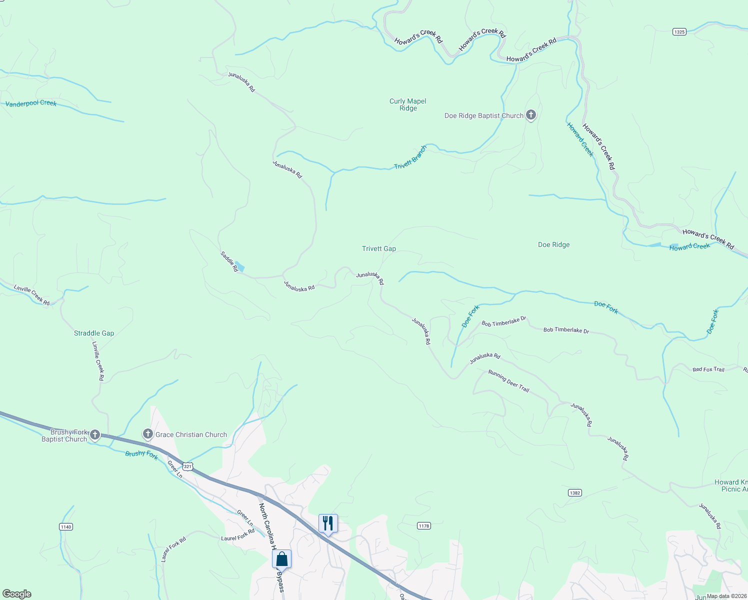 map of restaurants, bars, coffee shops, grocery stores, and more near 101-175 Boone Ridge Lane in Boone