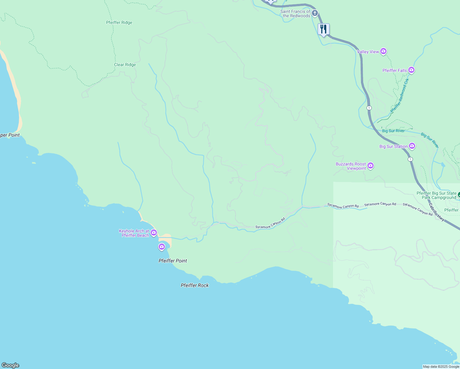 map of restaurants, bars, coffee shops, grocery stores, and more near 9189 Sycamore Canyon Road in Big Sur