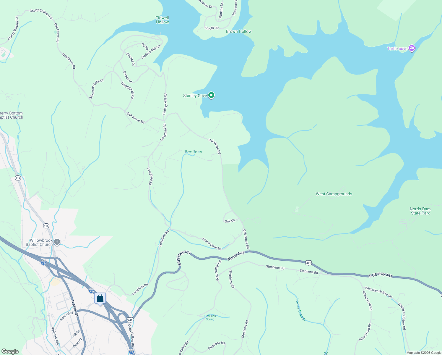 map of restaurants, bars, coffee shops, grocery stores, and more near 2801 Oak Grove Road in Rocky Top
