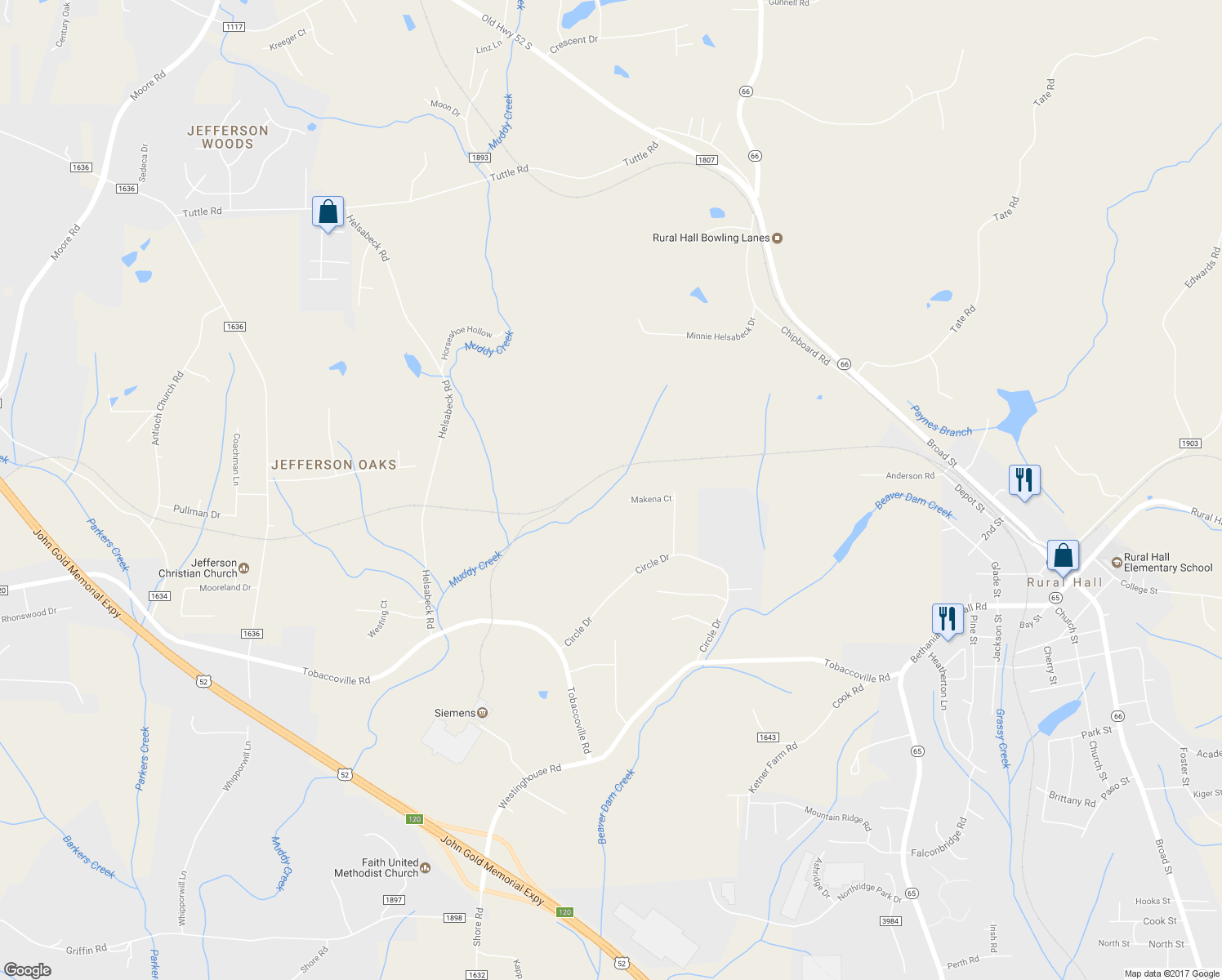 map of restaurants, bars, coffee shops, grocery stores, and more near 8736 Makena Court in Rural Hall