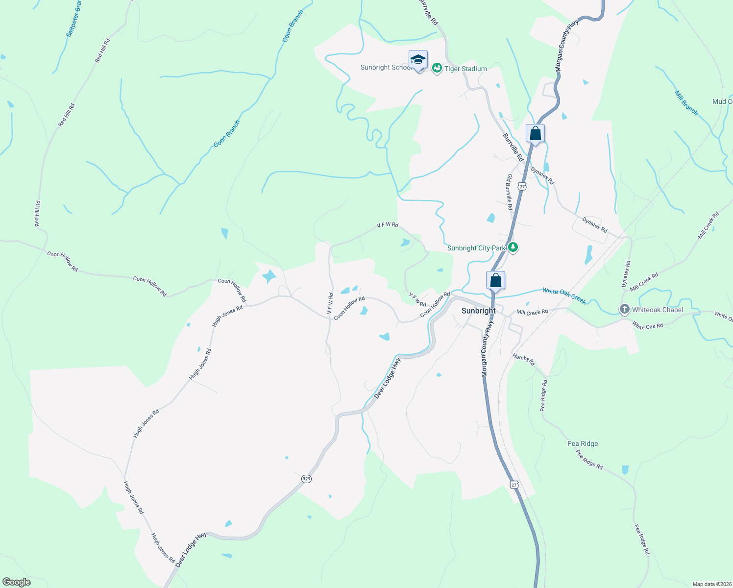 map of restaurants, bars, coffee shops, grocery stores, and more near 284 Hugh Jones Road in Sunbright