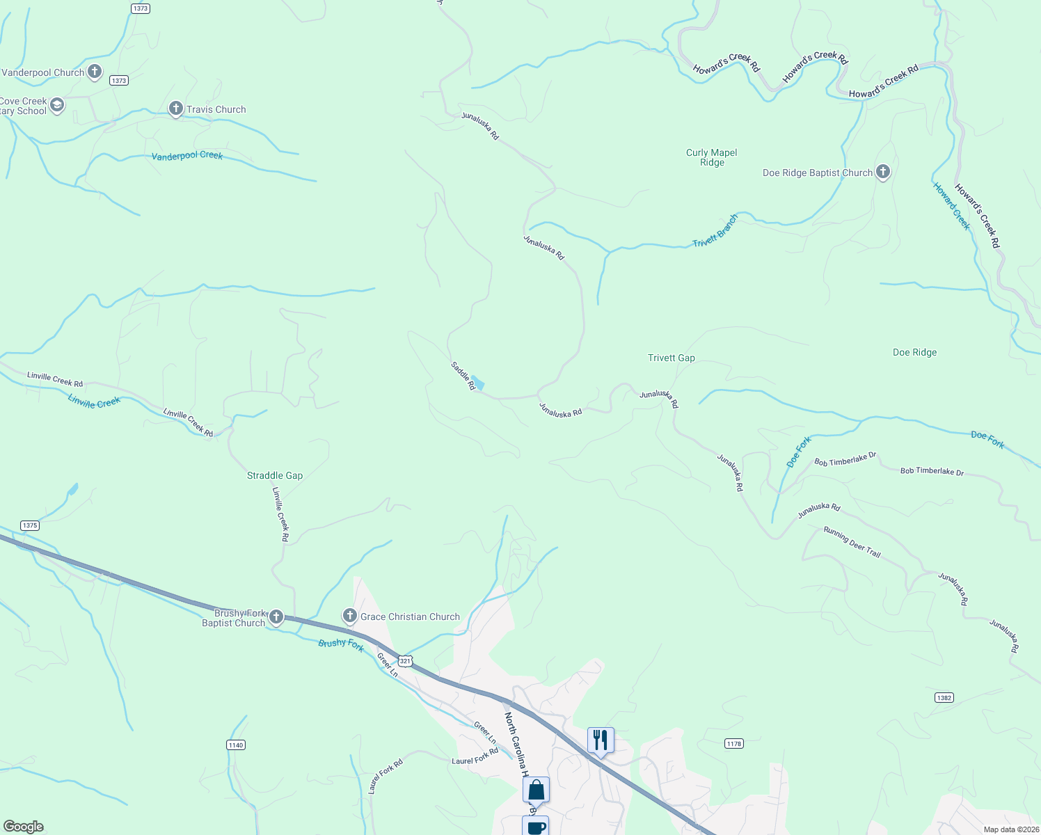 map of restaurants, bars, coffee shops, grocery stores, and more near 233 Woodland Springs Trail in Boone