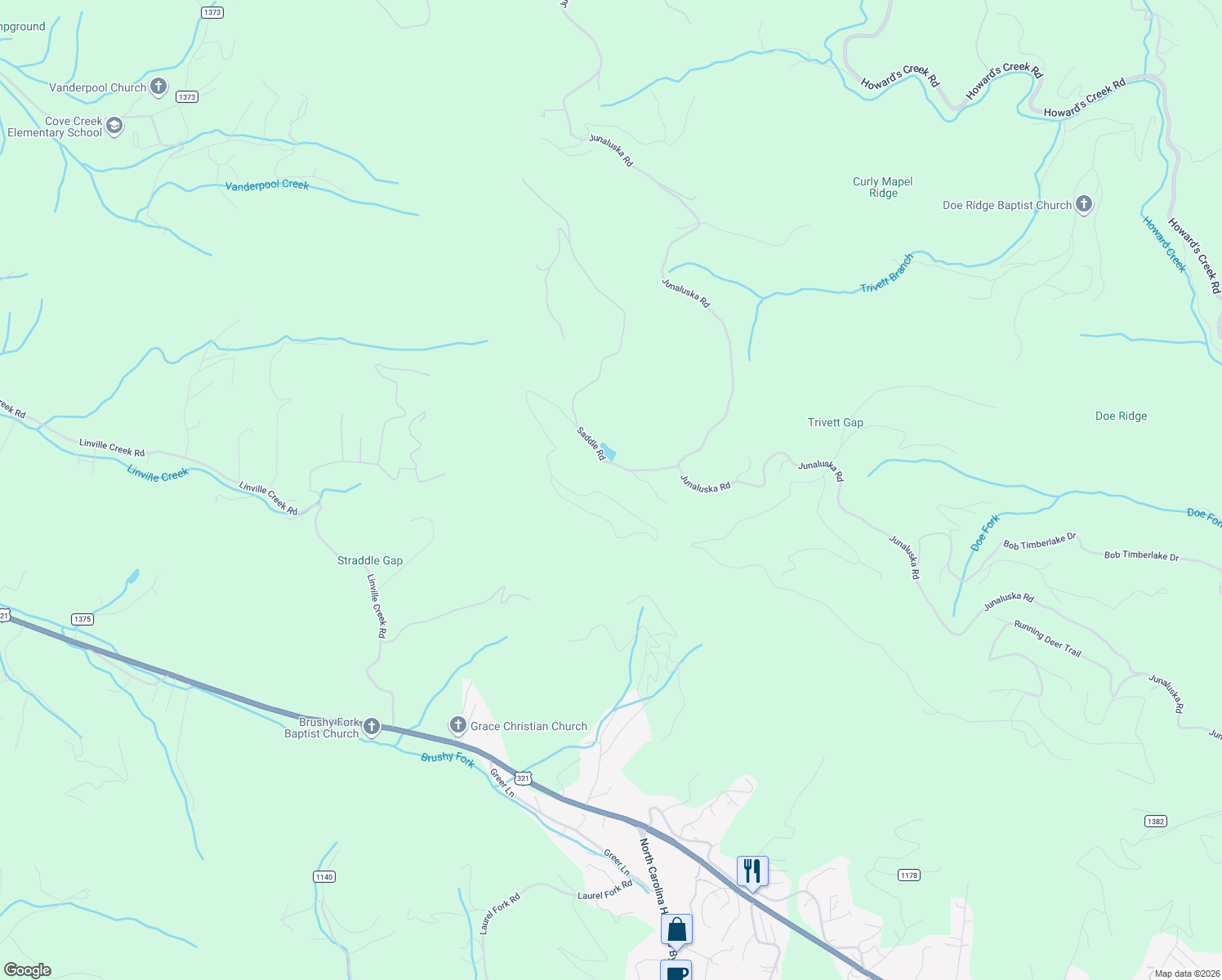 map of restaurants, bars, coffee shops, grocery stores, and more near 1214 Saddle Road in Boone
