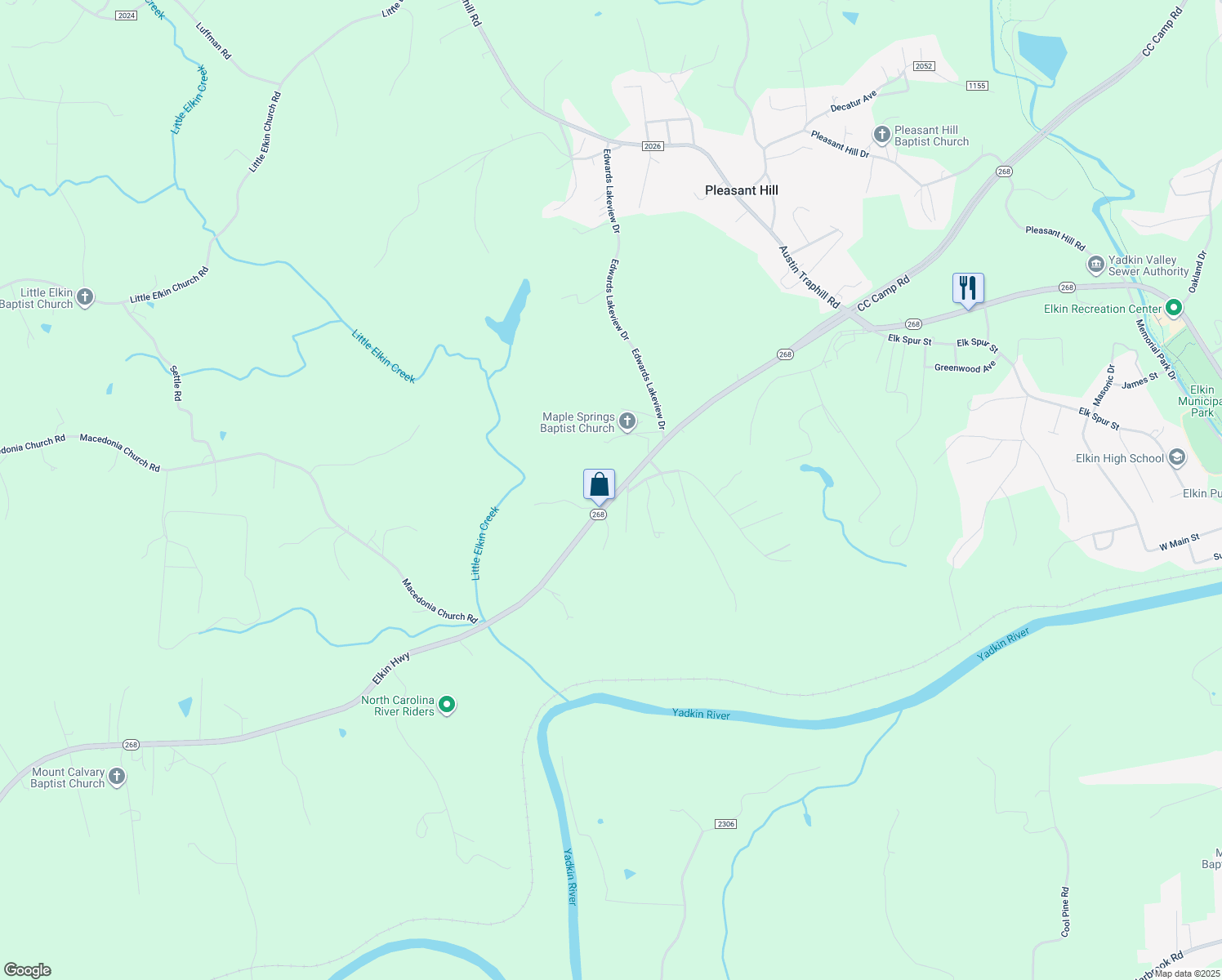map of restaurants, bars, coffee shops, grocery stores, and more near 15877 Elkin Highway in Ronda
