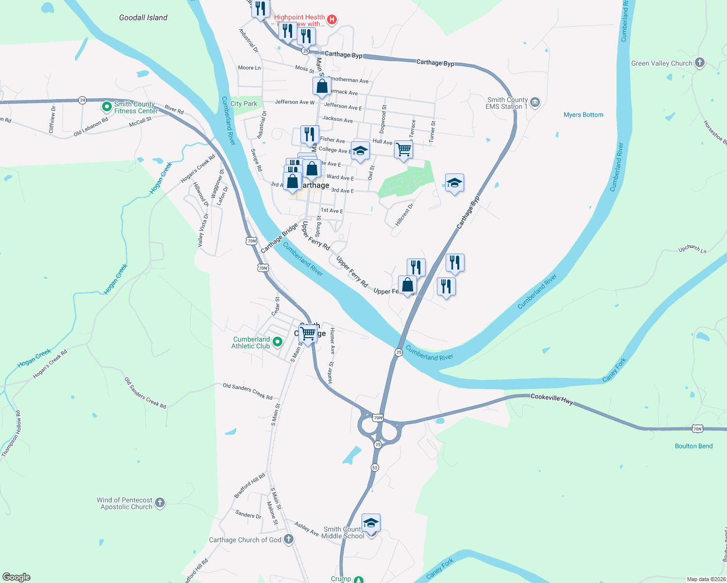 map of restaurants, bars, coffee shops, grocery stores, and more near 818 Upper Ferry Rd in Carthage