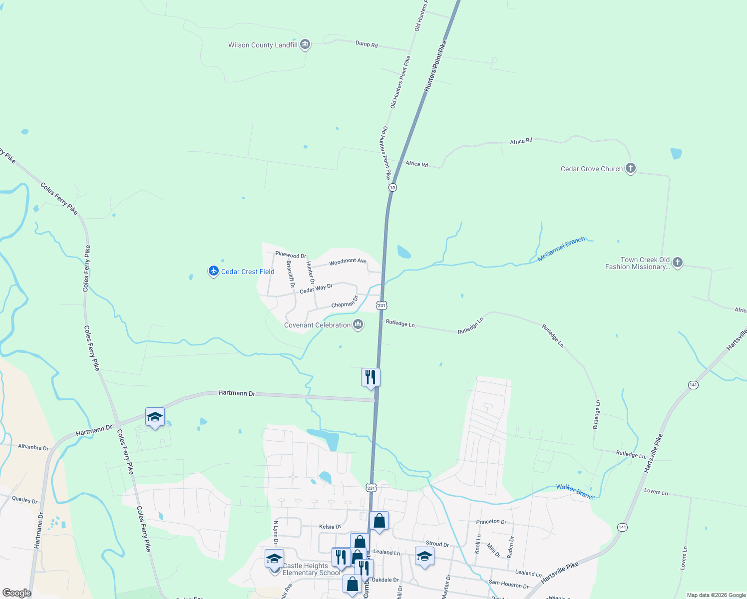 map of restaurants, bars, coffee shops, grocery stores, and more near 100 Chapman Drive in Lebanon
