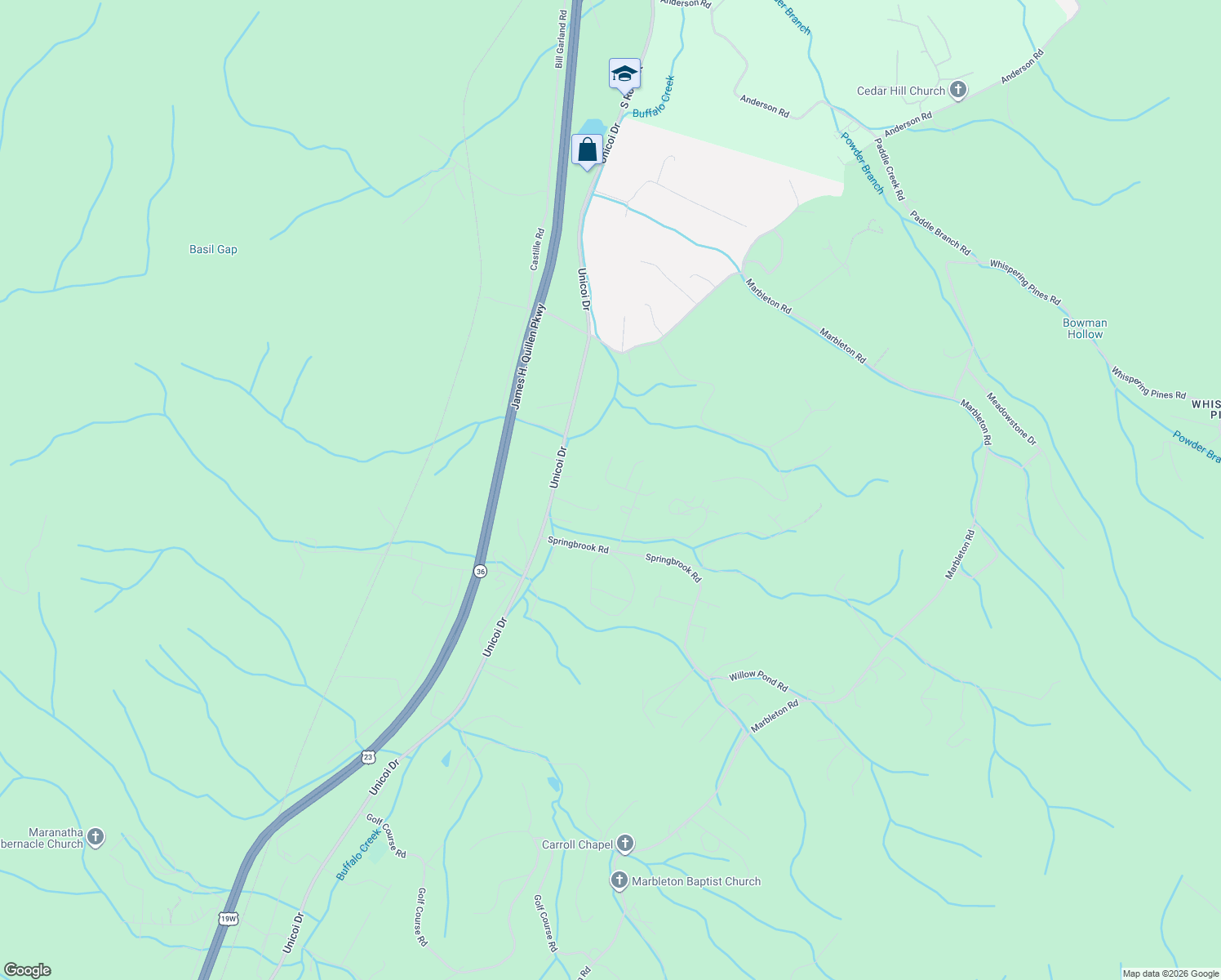map of restaurants, bars, coffee shops, grocery stores, and more near 205 Spring Valley Road in Unicoi