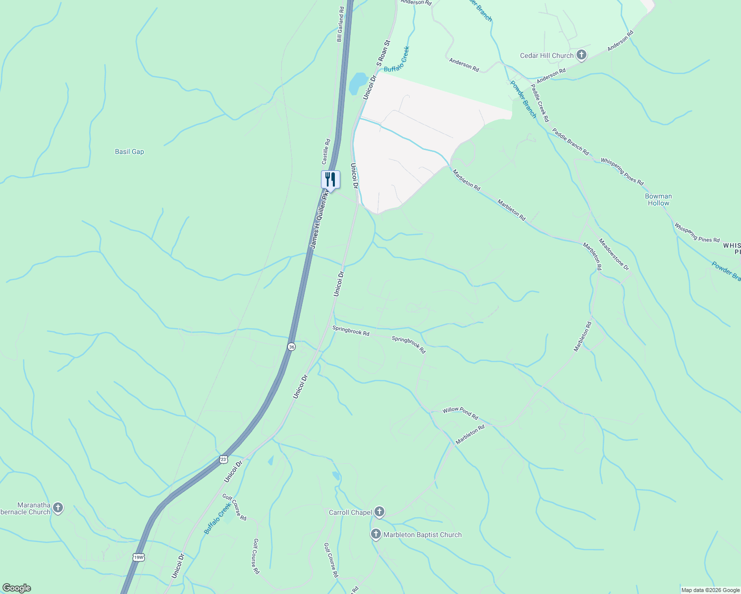 map of restaurants, bars, coffee shops, grocery stores, and more near 205 Spring Valley Road in Unicoi