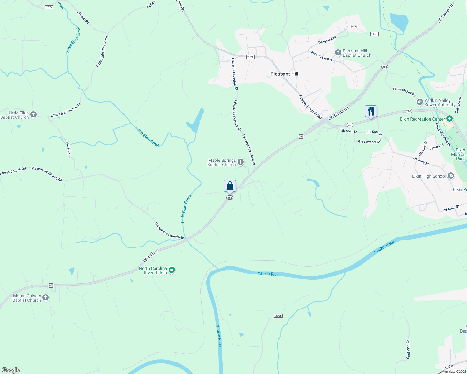 map of restaurants, bars, coffee shops, grocery stores, and more near 15877 Elkin Highway in Ronda